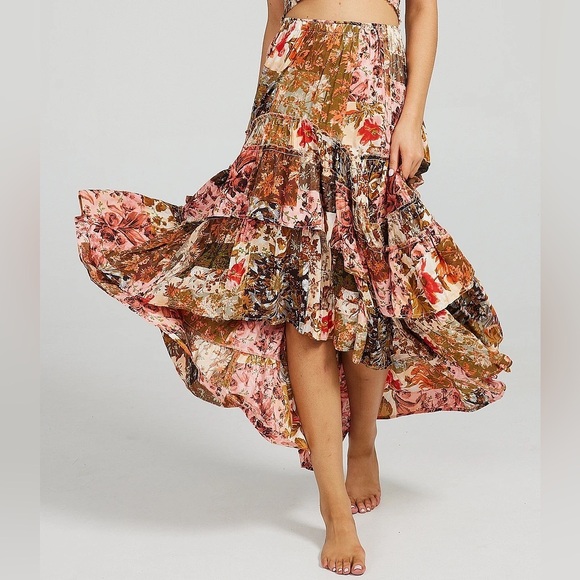 Talisman Sassy Floral Patchwork Print High-Low Tiered Ruffle Hem Midi Maxi Skirt - Picture 1 of 14